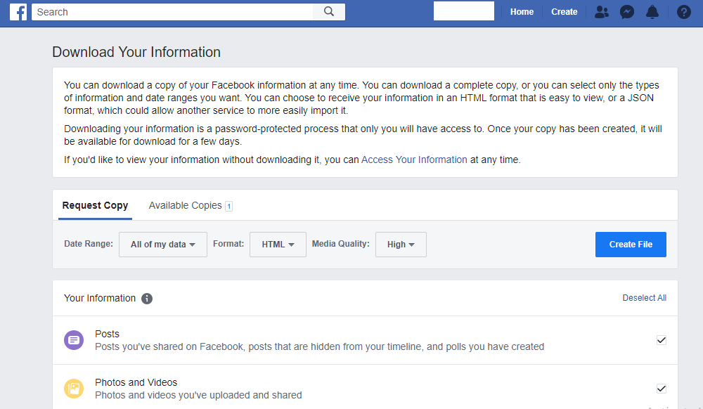 Download Your Information Page on Facebook