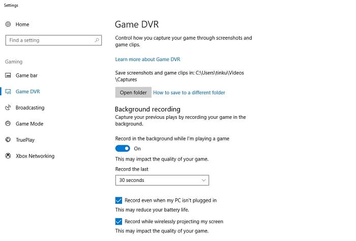 game dvr settings for screen recordings in windows 10